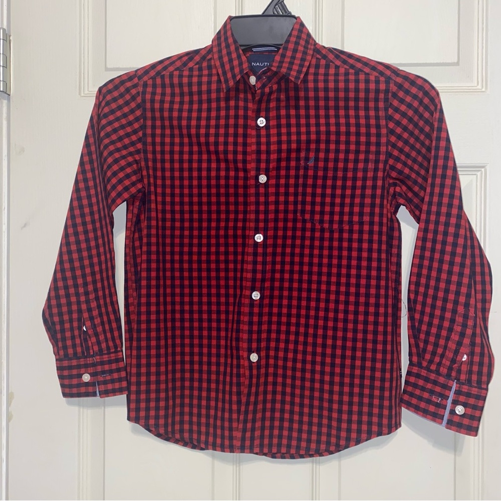Nautica Kids Red and Blue Plaid Long Sleeve Button-Up Collar Shirt Size M 10/12